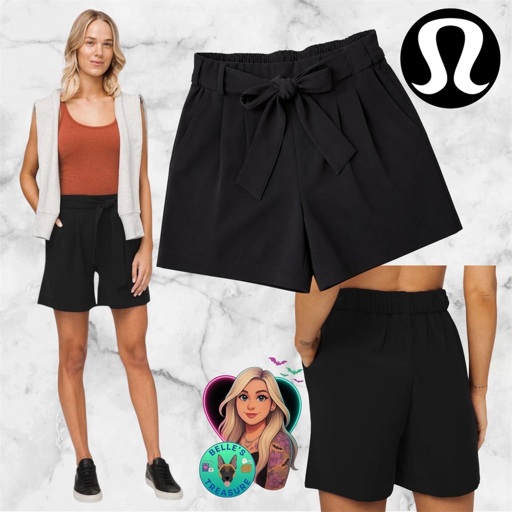Lululemon Women's 6 Noir High Rise Shorts 5.5" Black Waist Tie Bow Front Career
